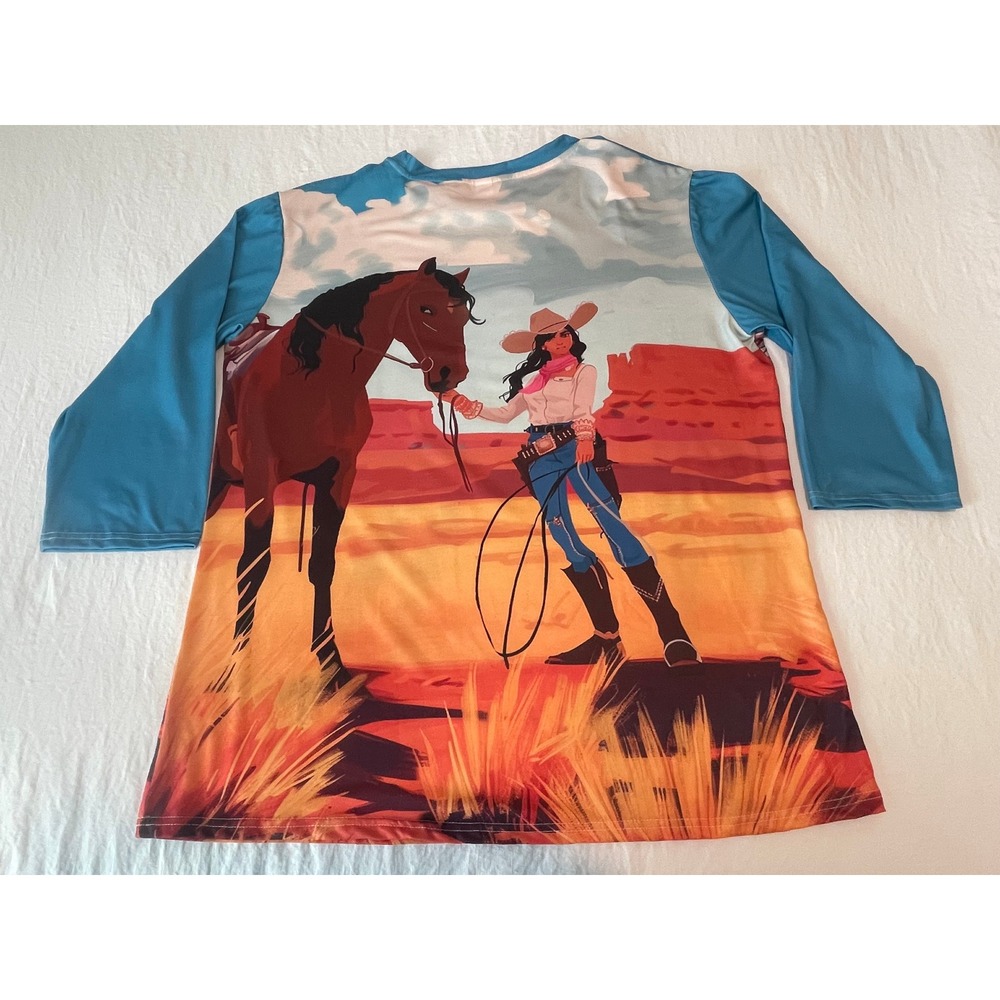 00677 Womens 2XL GraphicTShirt 3/4 Sleeve Cowgirl Horse Western Desert Landscape - Picture 2 of 7